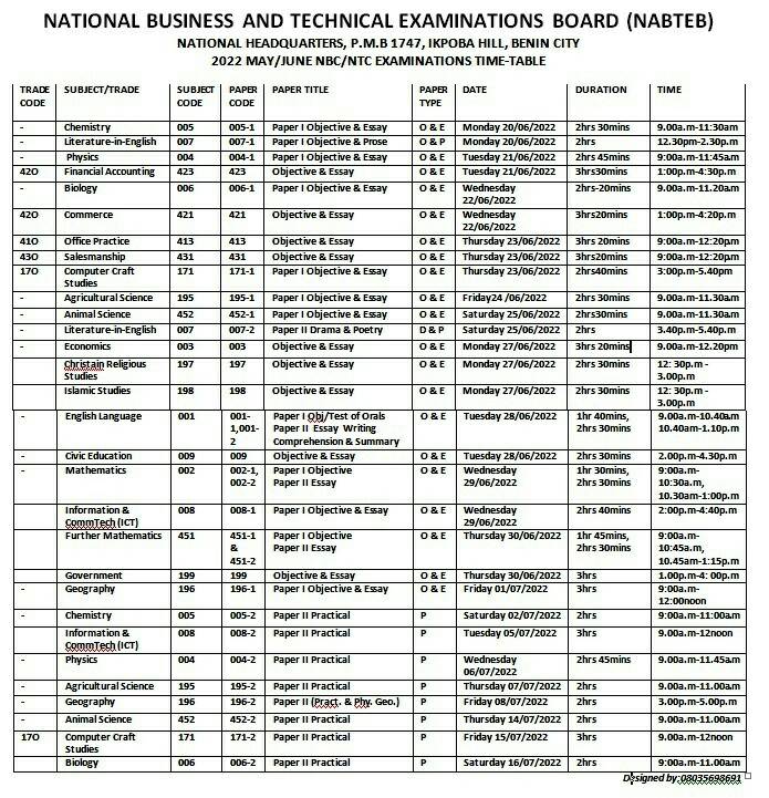 NABTEB Timetable 2022 2023 For May June NBC NTC Examinations