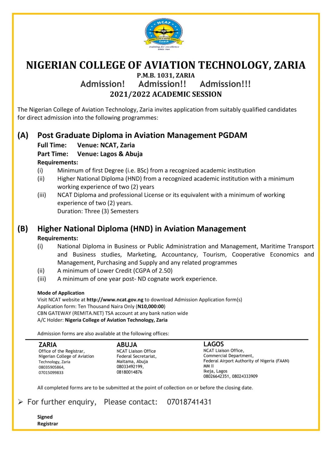 NCAT Zaria Admission Form 2024/2025 ND, HND, PGD & Diploma