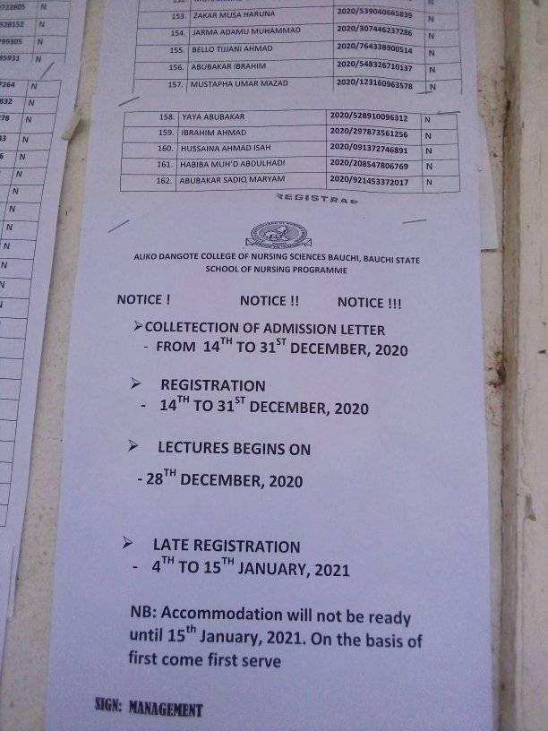 College of Nursing & Midwifery Bauchi Admission List