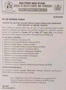 Galtima Mai Kyari College of Health Science and Technology Admission Form