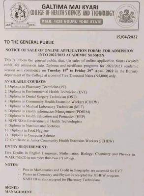 Galtima Mai Kyari College of Health Science and Technology Admission Form